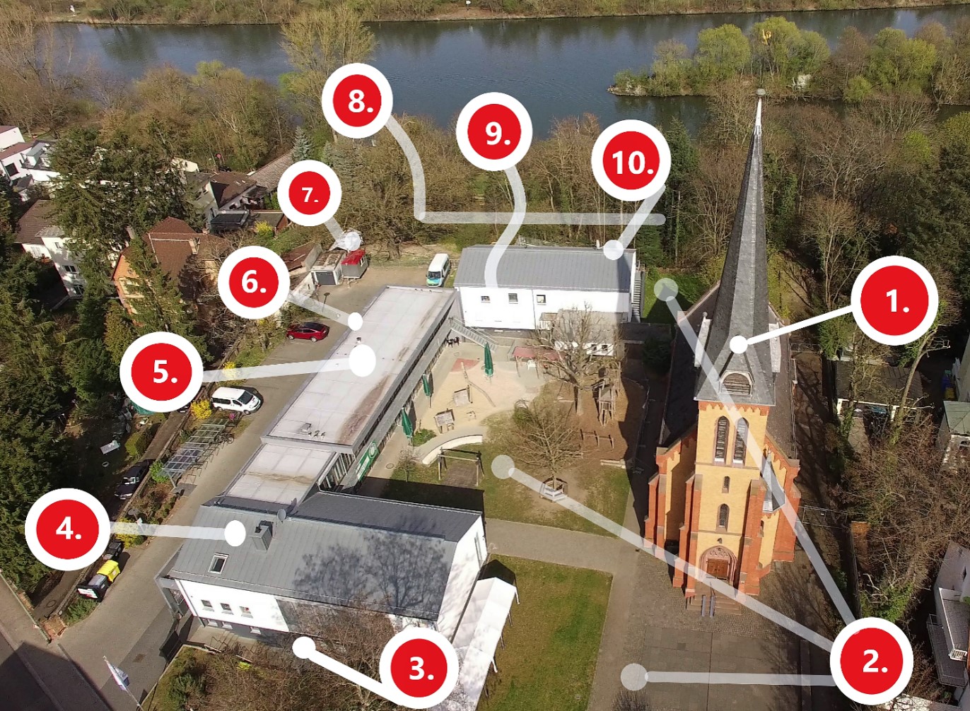 Luftaufnahme der Gebäude: Kirche, Gemeindezentrum, Kindertagesstätte mit Jugendräumen, Ehemaliges Pfarrhaus wo die Steinheimer Tagespflege und das Zwergennest beheimatet sind.