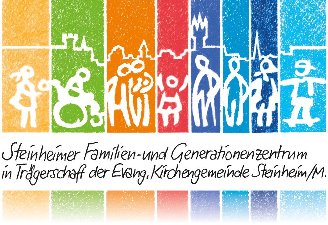 Logo des SteinheimerFamilienzentrums: Unter der Siloulette der Ansicht Steinheims sind Symbole der Generationen und Zielgruppen dargestelltdargestellt